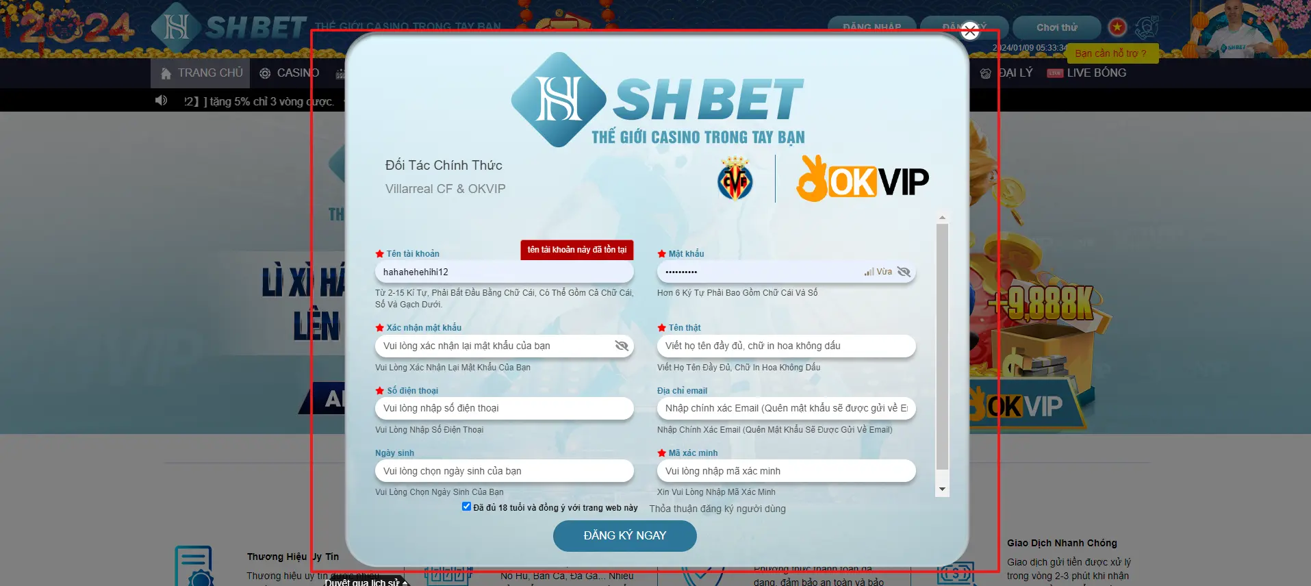 Giao diện bảng thông tin đăng ký SHBET 